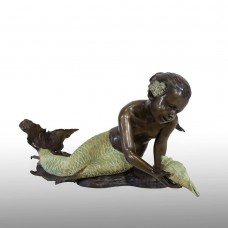 A6908  Delightful Bronze Fountain Of A  Young Mermaid Holding A  Shell